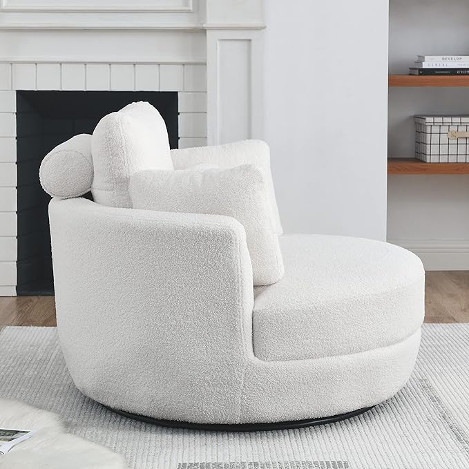 kevinplus Swivel Barrel Chair Accent Chair with Storage Ottoman for Living Room Modern Round Upholstered Single Sofa Couch Chair for Apartment Bedroom Teddy Fabric White (ø39'' x 30.5'')