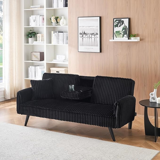 72'' Fabric Loveseat Sofa Comfy Corduroy Couch with 2 Embedded Teacup Holders 2 Seater Sofa with Adjustable Backrest Modern Small Convertible Futon Sofa Bed for Living Room Apartment (Black)