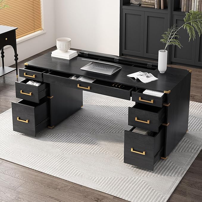 70 Extra-Large Executive Desk with Metal Edge Trim Classic Traditional Writing Desk for Home Office - 7 Drawers USB Ports Hidden Compartment &amp Drop-Front Keyboard Tray