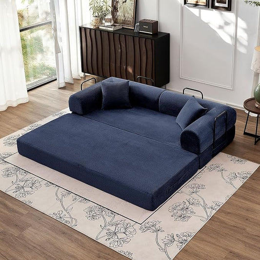 79 5-in-1 Convertible Sofa Bed Premium Sleeper with Reinforced Frame &amp Plush Corduroy No Assembly Modern Couch for Lounge Living Room &amp Guest Room Blue