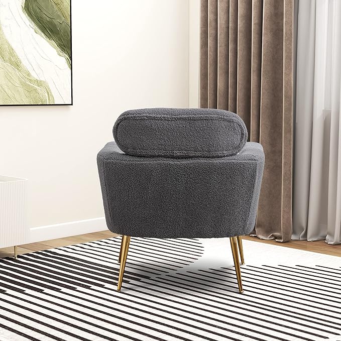 29.5 W Modern Boucle Accent Chair Armchair Upholstered Reading Chair Single Sofa Leisure Club Chair with Gold Metal Leg and Throw Pillow for Living Room Bedroom Dorm Room Office Gray Boucle