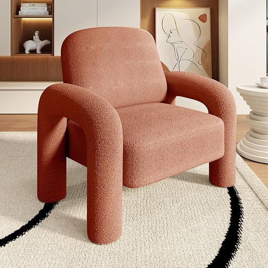 Modern Sherpa Accent Chair Teddy Upholstered Arm Single Sofa Cozy Fluffy Reading Chair for Living Room Bedrooms Corner (Orange)
