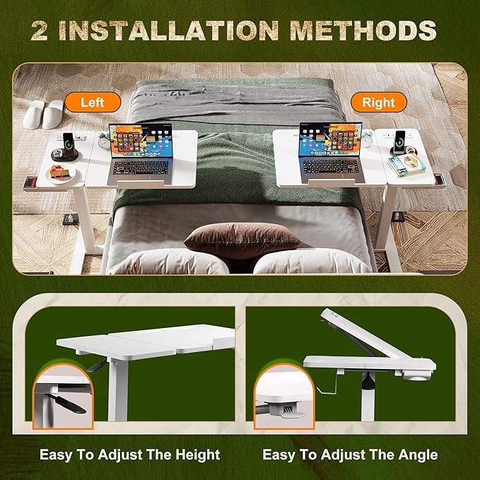 Standing Desk Medical Overbed Table with Rolling Tray and Power Outlet Dual Pneumatic Angle and Height Adjustable Desk Portable Side Table with Drawer Home &amp Hospital Use White