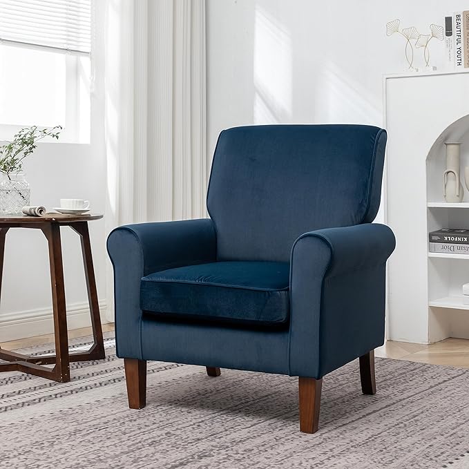 Classic Accent Armchair with Birch Wood Frame and Comfortable Rolled Armrests Arm Chairs for Living Room Bedroom and Office Decor Blue