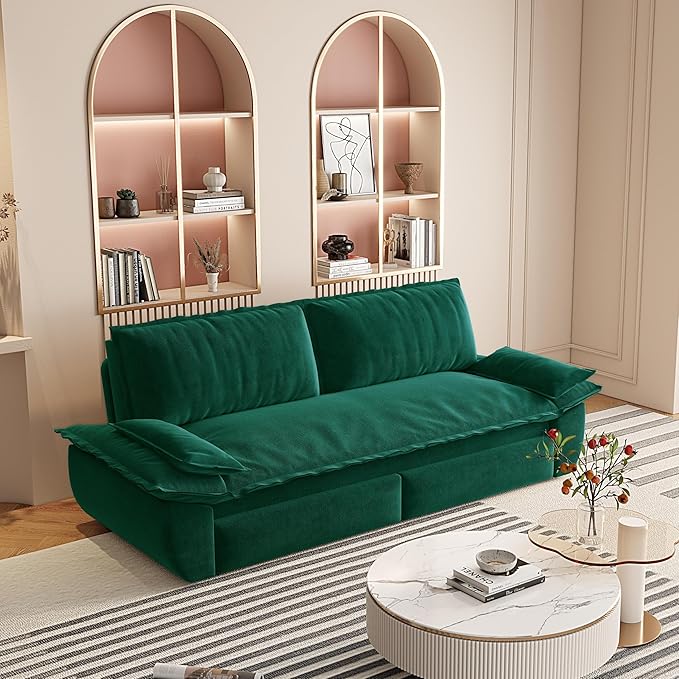 73.2‘’ Velvet Queen Pull Out Sofa Bed 3-in-1 Convertible Loveseat Sleeper Sofa Couch with Armrest Space Saving for Living Room Apartment Green