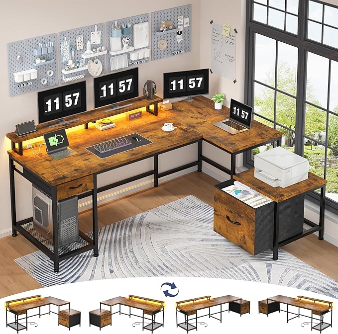 96.5''Office Desk with LED Lights L Shaped Gaming Desks with Power Outlets Two Person Computer Desk with Drawers &amp Monitor Shelf for Home Office Study Room and Bedroom Rustic Brown