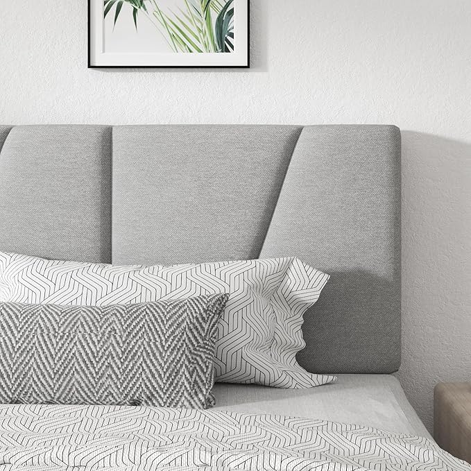 Queen Size Platform Bed Frame with Geometric Upholstered Headboard Noise Free Wooden Slats Support No Box Spring Needed Easy Assembly Light Grey Linen