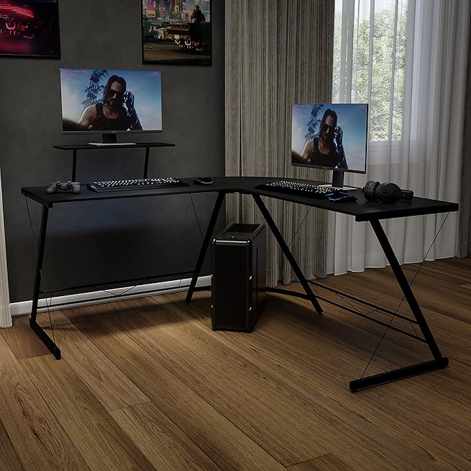 EMMA + OLIVER Home Office Desk - Black L-Shaped Computer Desk Gaming Desk Home Office Desk