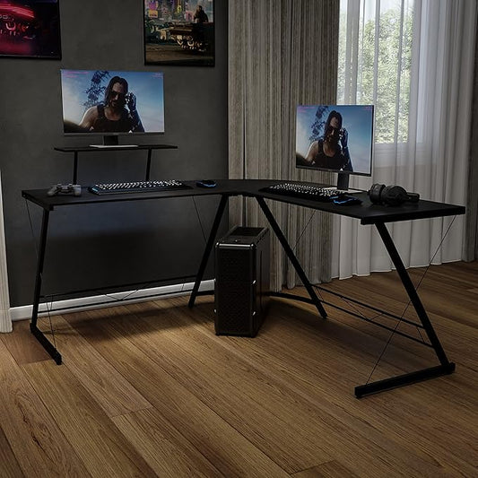 EMMA + OLIVER Home Office Desk - Black L-Shaped Computer Desk Gaming Desk Home Office Desk