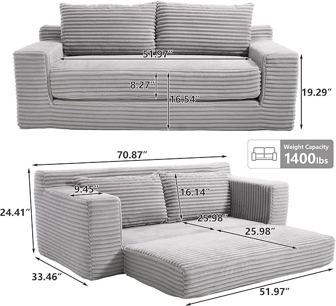 KIVENJAJA 70.87 Boneless Loveseat Sofa Modern 2-in-1 Convertible Sleeper Sofa Comfy Cloud Loveseat Couch Corduroy Small Boneless Couches for Living Room Small Space Bedroom Grey