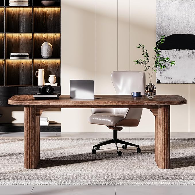 Tribesigns 62-Inch Modern Executive Desk Wood Office Desk Large Aesthetic Computer Desk with Double Pedestal Workstation for Home Office (Brown)