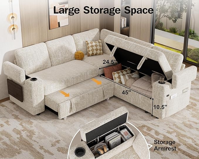Vipbear 86 Modular Sectional Sleeper Sofa with Pull Out Bed 5 Seat Chenille L Shaped Couch with Reclining Backrest|USB Ports|Cup Holders|Side Table|Storage Seat Armrests Tool Free Assembly Beige