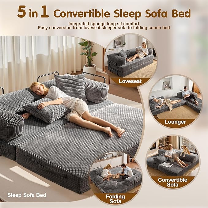 81″ Convertible Sleeper Sofa Bed with Pillows Corduroy Foldable Mattress Couch with Fixed-Shape Frame Futon Sofa Bed Boneless Couch for Living Room Bedroom Lounge Studio Gray