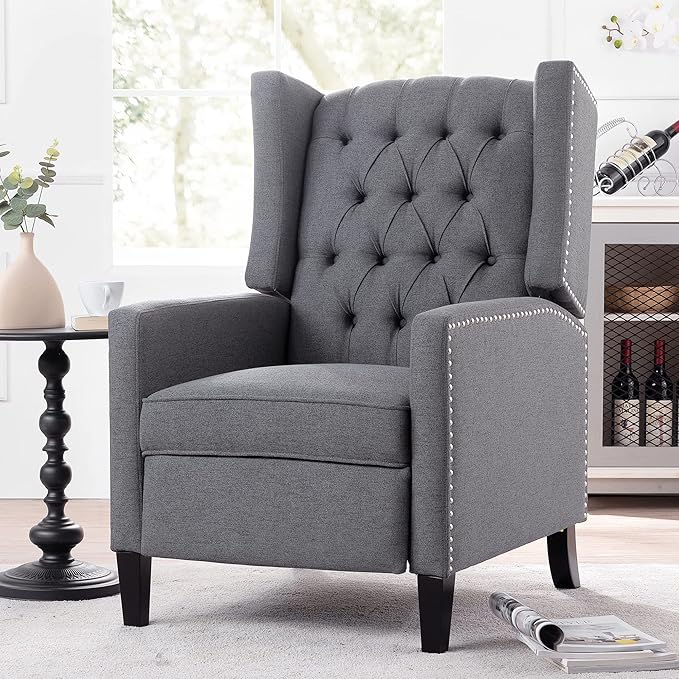 Pushback ReclinerComfortable Wingback Recliner Sofa Chair with Adjustable Backrest Tufted Fabric Upholstered ArmchairRetro Rivets Decorated Recliner for Living Room Bedroom Office Home (Grey)
