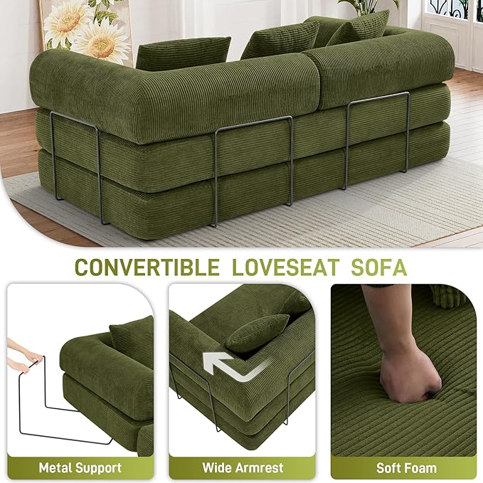 Convertible Sofa Bed Corduroy Memory Foam Compression Sofa Modular Floor Sofa with Pull-Out Bed Compressed Couch in Box Folding Sleeper Couches Bed for Living Room Bedroom Lounge Olive Green