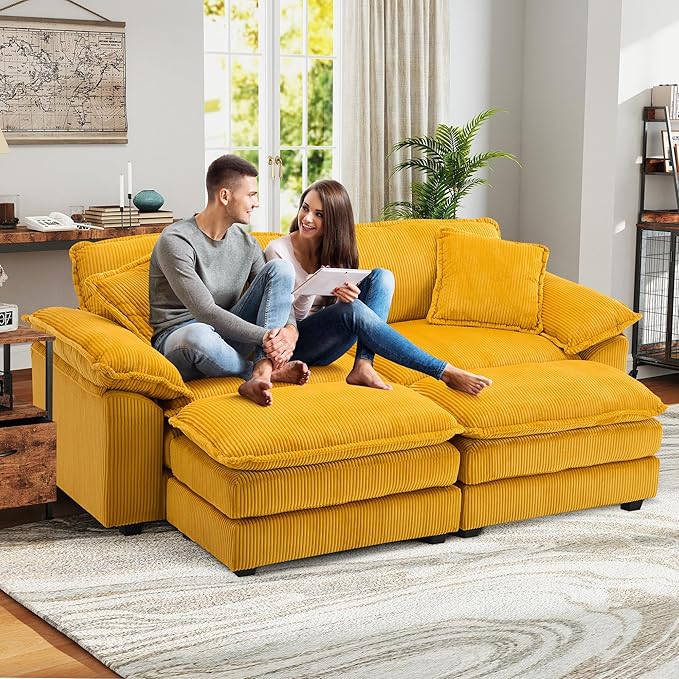 Modular Sectional Sofa 84'' Comfy Corduroy Double Layer Upholstered Cloud Couch Loveseat Sleeper Sofa with Moveable Ottoman 2 Pillows and Detachable Armrest for Living Room Yellow