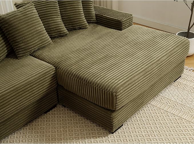 111 Inch Cloud Sectional Couches for Living Room | L-Shaped Sectional Couch with 8 Pillows | Corduroy Couch with Deep Seat | Solid Wood Frame Sofa Green (Right Facing Chaise)