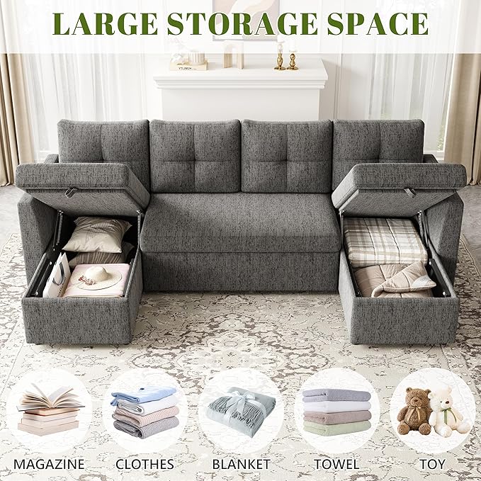 Oversized Sleeper Couch Sofa 110 inch 2 in 1 Pull Out Couch with Double Storage Chaise Sectional Sleeper Sofa Bed with Side Pocket for Living Room Dark Grey