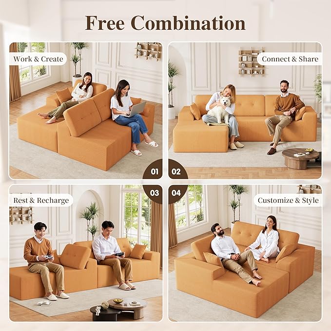 Ball &amp Cast 106 Cloud Sectional Couch Compressed L-Shaped Sofa with Deep Seat Chaise Boneless No Assembly Modular Couch Foam &amp Spring Support 2 Boxes (Left Facing Chenille Orange)