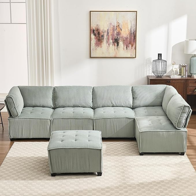 121 Inch Cloud Modular Sectional Sofa Oversized U Shaped Modular Couch with Reversible Chaise 6 Seat Comfy Convertible Sectional Sofa with Ottoman for Living Room Mint Green