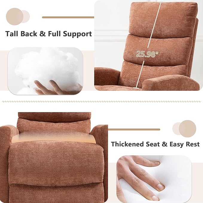 cinkehome Small Swivel Rocker Recliner Chair with Heated Massage Upholstered Nursery Glider Recliner Chair High Back Side Pocket (Orange Chenille Fabric)