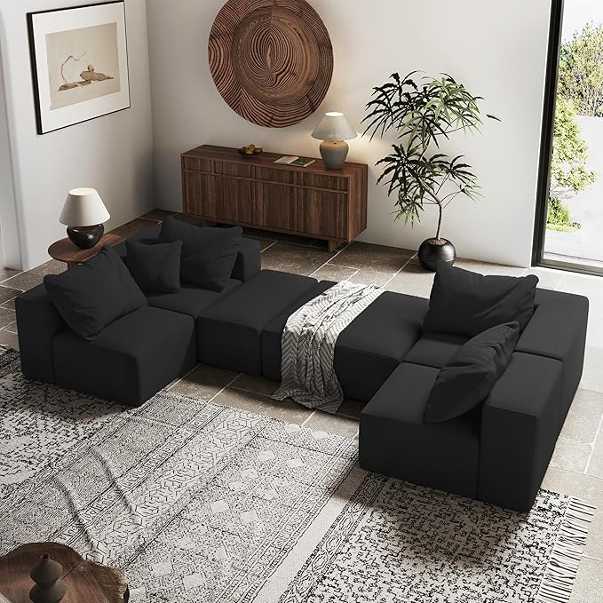 Yoglad 132 Modern L-Shape Sectional Upholstery Sofa 6 Seat Freedom Combination Living Room Sofa Comfy Deep Seat Floor Furniture with 6 Pillows for Living Room Office (Chenille Black)