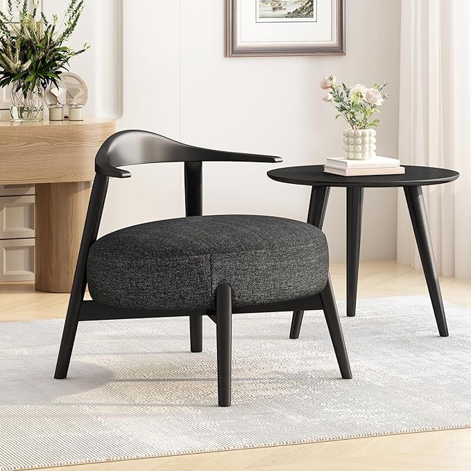 Merax Low-Back Accent Chair Mid Century Modern Upholstered Chair with Curved Backrest for Living Room Bedroom Boucle Fabric Birch Wood Supports 300lbs Black