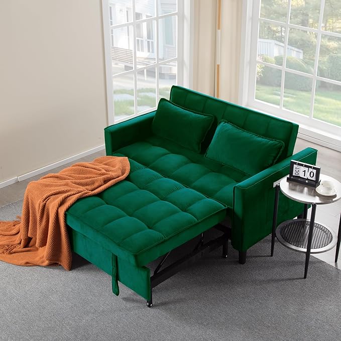 3 in 1 Convertible Sofa Bed Love Seat Sleeper Bed with Side Pockets Velvet Fabric Pull Out Couch with Adjustable Backrest for Living Room Bedroom Apartment Dark Green