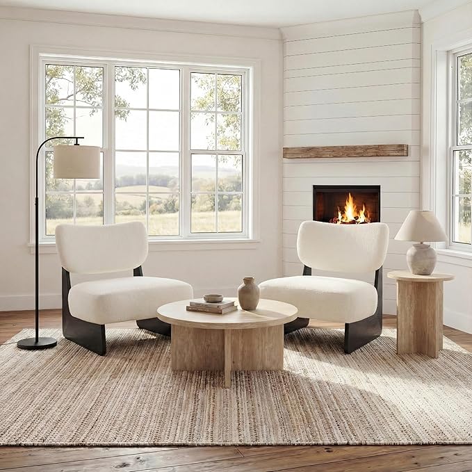 Beige Furry Living Room Chairs Set of 2 Cozy Upholstered Armless Accent Chair for Bedroom Black Wood Frame Vintage Modern Lounge Reading Chair for Apartment Waiting Room Office Beige