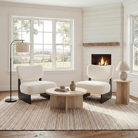 Beige Furry Living Room Chairs Set of 2 Cozy Upholstered Armless Accent Chair for Bedroom Black Wood Frame Vintage Modern Lounge Reading Chair for Apartment Waiting Room Office Beige