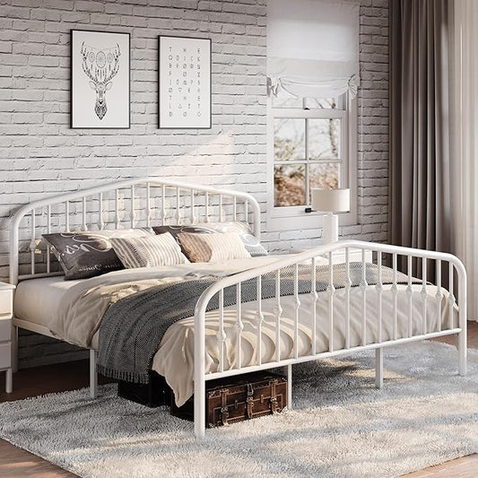 SHA CERLIN King Size Metal Platform Bed Frame with Victorian Style Wrought Iron-Art Headboard/Footboard No Box Spring Required White