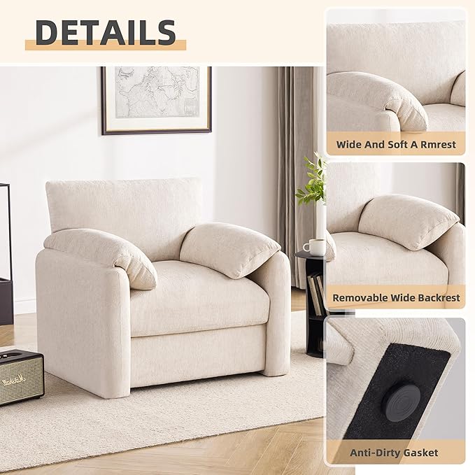 Chenille Oversized Armchair 38.6 Wide Accent Chairs for Living Room &amp Bedroom Modern Lounge Chair Upholstered Mid-Century Reading Chair Comfy Living Room Chair Single Sofa Chair Beige