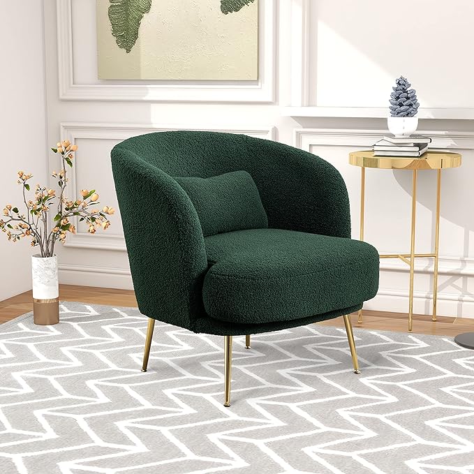 30.32 W Accent Chair Upholstered Curved Backrest Reading Chair Single Sofa Leisure Club Chair with Golden Adjustable Legs for Living Room Bedroom Dorm Room (Green Boucle)