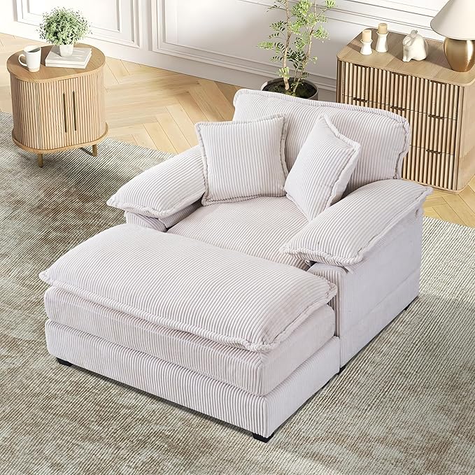 TTK Oversized Chaise Lounge Chair with Ottoman - 39.17 Wide Modern Sleeper Sofa for Living Room Bedroom &amp Office - Deep Seat Sectional Couch with Pillow Comfortable Reading ChairWhite