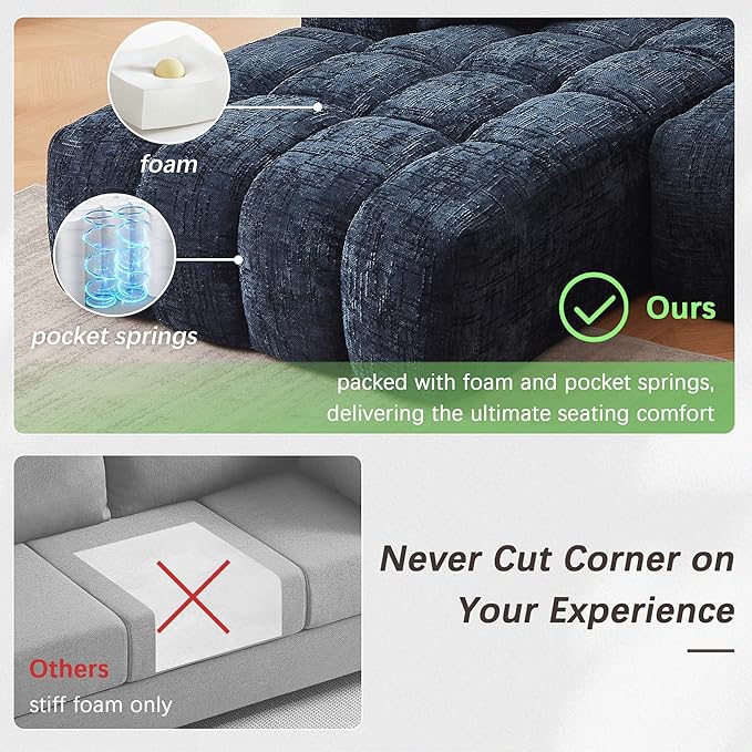 108 L-Shaped Modular Sectional Sofa Chenille Modern Boneless Compression Couch Deep Seat Sofa with Left Chaise Lounge and Pillows for Living Room Bedroom Dark Blue