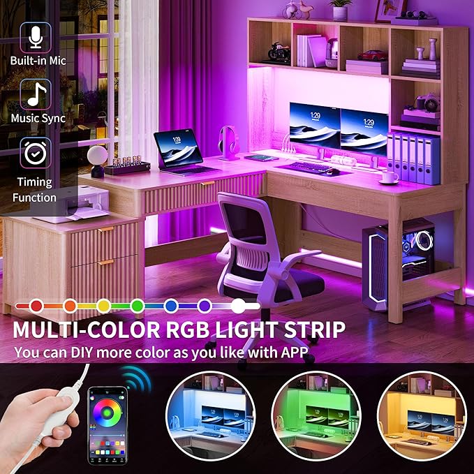 YITAHOME L Shaped Desk with Hutch and Drawers 67 Computer Desk Gaming Desk with Power Outlets &amp LED Lights Wood Home Office Desk with Printer Stand Fluted Sturdy Writing Workstation Natural O