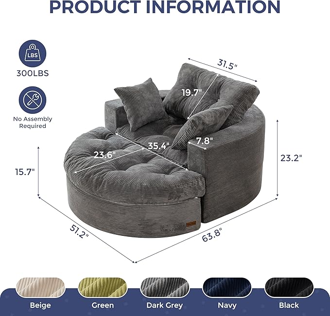 MAXYOYO Modular Sectional Chaise Lounge Sofa Round Upholstered Lounge Chair with Ottoman Comfy Couch with Layered Cushion Tufted Sleeper Chair for Living Room No Assembly Dark Grey