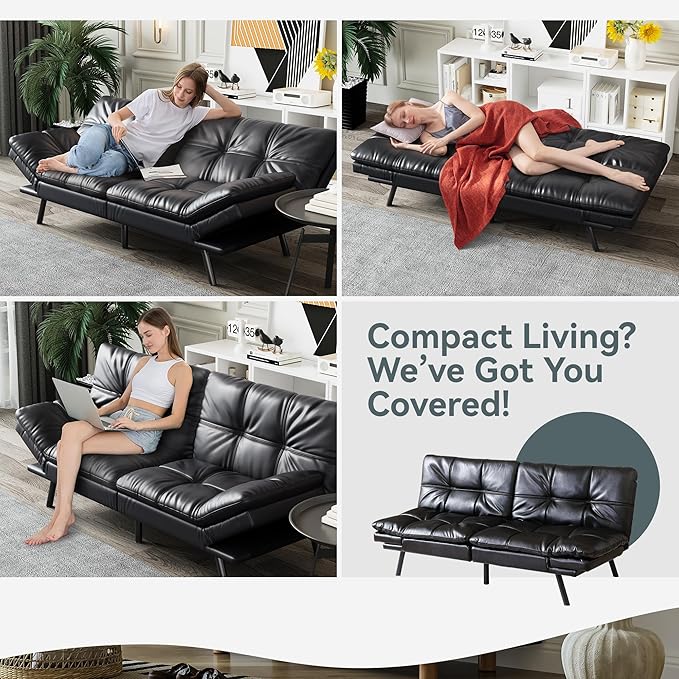 Futon Sofa Bed Convertible Couch Black Faux Leather Sofa Bed with Memory Foam Adjustable Backrest &amp Armrests Multifunctional Small Loveseat Sleeper Sofa for Living Room Apartment Office