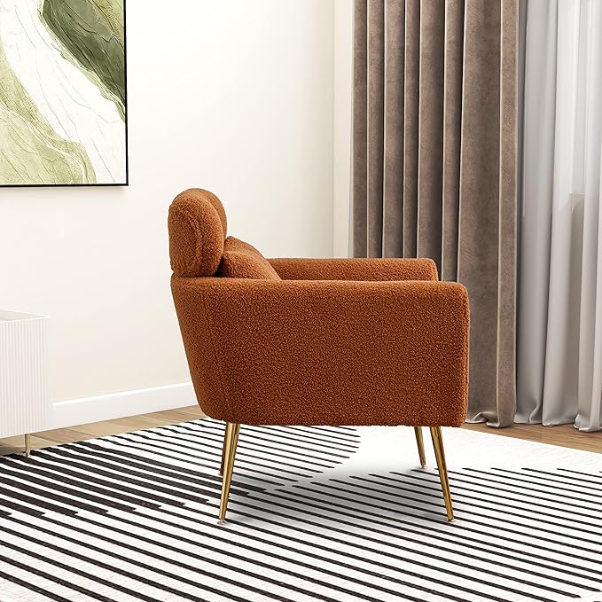 29.5 W Modern Boucle Accent Chair Armchair Upholstered Reading Chair Single Sofa Leisure Club Chair with Gold Metal Leg and Throw Pillow for Living Room Bedroom Dorm Room Office Caramel Boucle