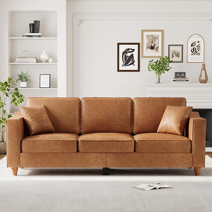 Faux Leather Couch with 2 Throw Pillows Sofa Couches for Living Room 3 Seater Sofa with Wide Armrests Wood Legs Deep Seats Back Cushion Sturdy Support Feet for Office Living Room Brown