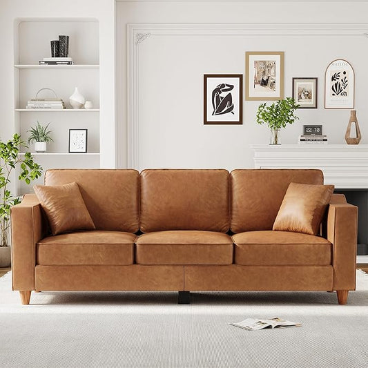 Faux Leather Couch with 2 Throw Pillows Sofa Couches for Living Room 3 Seater Sofa with Wide Armrests Wood Legs Deep Seats Back Cushion Sturdy Support Feet for Office Living Room Brown
