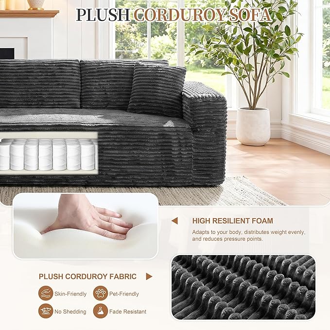 Vongrasig 103 Boneless Couches for Living RoomSectional Couches Modular Sofa with L-Shaped Chaise Memory Foam Comfy Cloud Couch with Plush Corduroy Fabric No Assembly Required Dark Grey