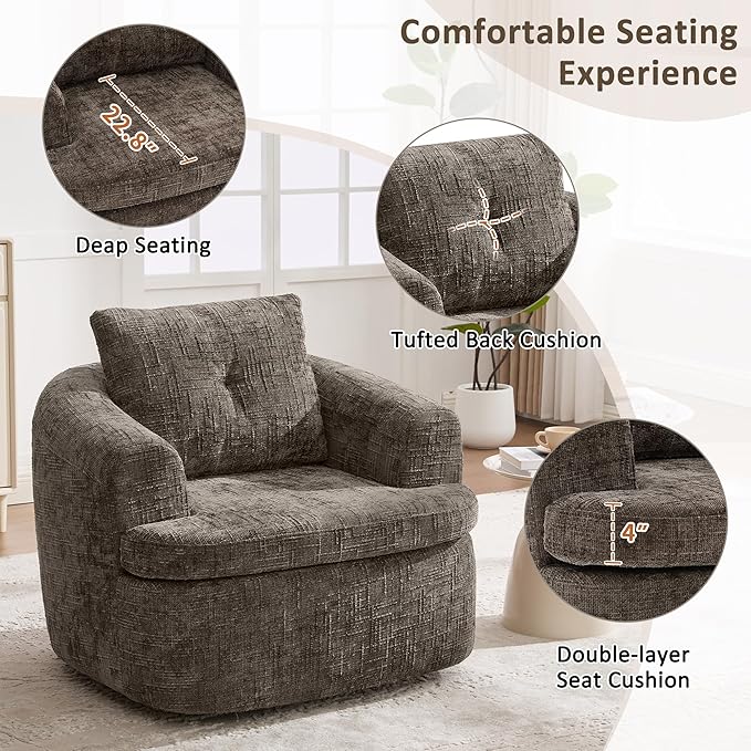 Merax 360° Swivel Sofa Chair Chenille Fabric Accent Barrel Chair 36.6 Swivel Round Chair with Dual-Layer Cushion Design for Living Room Bedroom Office and Hotel Brown