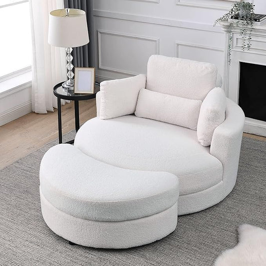 Swivel Accent Barrel Chair with Storage Ottoman51 Accent Barrel Sofa Club Lounge ChairSolid Color Sherpa Fabric Round Oversize Swivel Leisure Chair for Living Room Hotel (White Teddy)