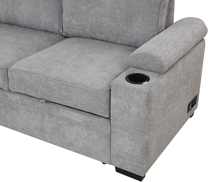 Linen L-shape Reversible Sleeper Sectional Sofa Couch with Storage Ottoman 2 in 1 Pull Out Convertible Sofa Bed with Cup Holders and USB Charging Port for Living Room Apartment Office (Grey-LI)