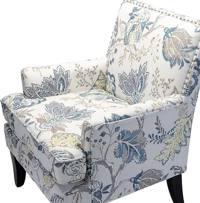 HULALA HOME Modern Accent Chair with Arms and Wooden Legs Mid Century Accent Chair Armchair High Back Rest Padded Armrest and Comfortable Cushioned Seat for Living Room (Blue Yellow Floral)