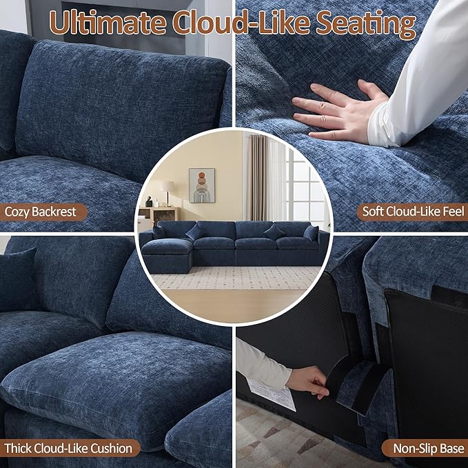 155''Cloud Boneless Sectional Couch Modular Sectional Sofa Deep Seat with Ottoman Oversized Upholstered Convertible Comfy 5 Seater Chenille Sofa L Shape Couches for Living Room Navy