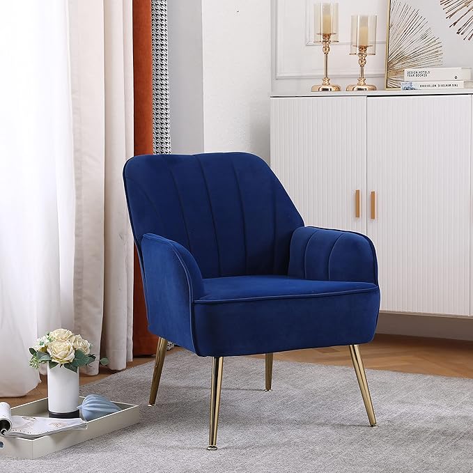 Modern Mid Century Chair Velvet Sherpa Armchair for Living Room Bedroom Office Easy Assemble(Navy)