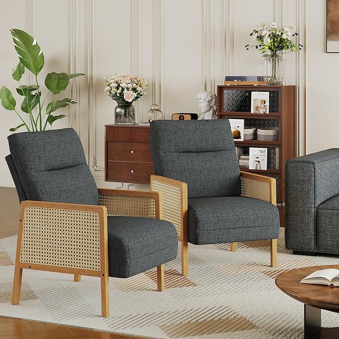 Andeworld Grey Accent Chairs Set of 2Upholstered Modern Living Room Chairs with Natural Rattan Arm Side Chair for Bedroom Club Balcony Reception Room