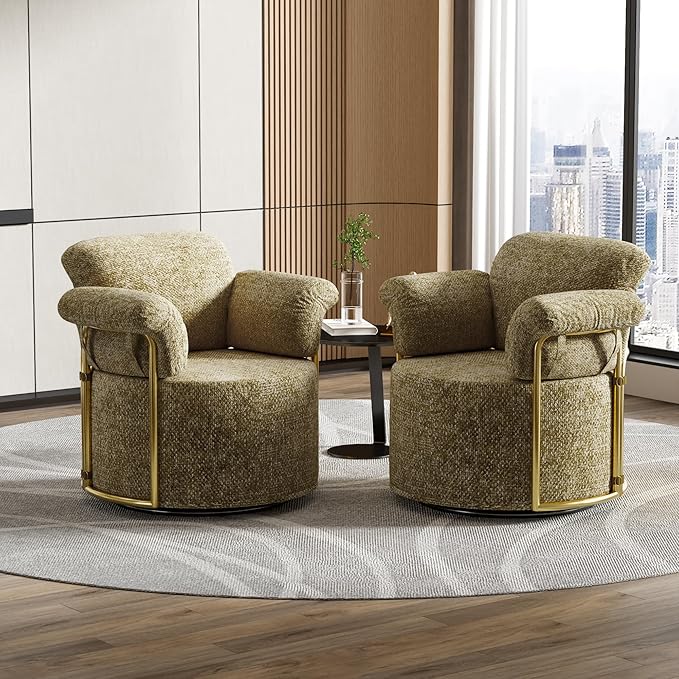 Swivel Accent Sofa Chair 360 Degree Round Barrel Design Upholstered Comfy Reading Chair for Living Room Bedroom Apartment Small Space Seating with Supportive Foam Spring Cushion Brown